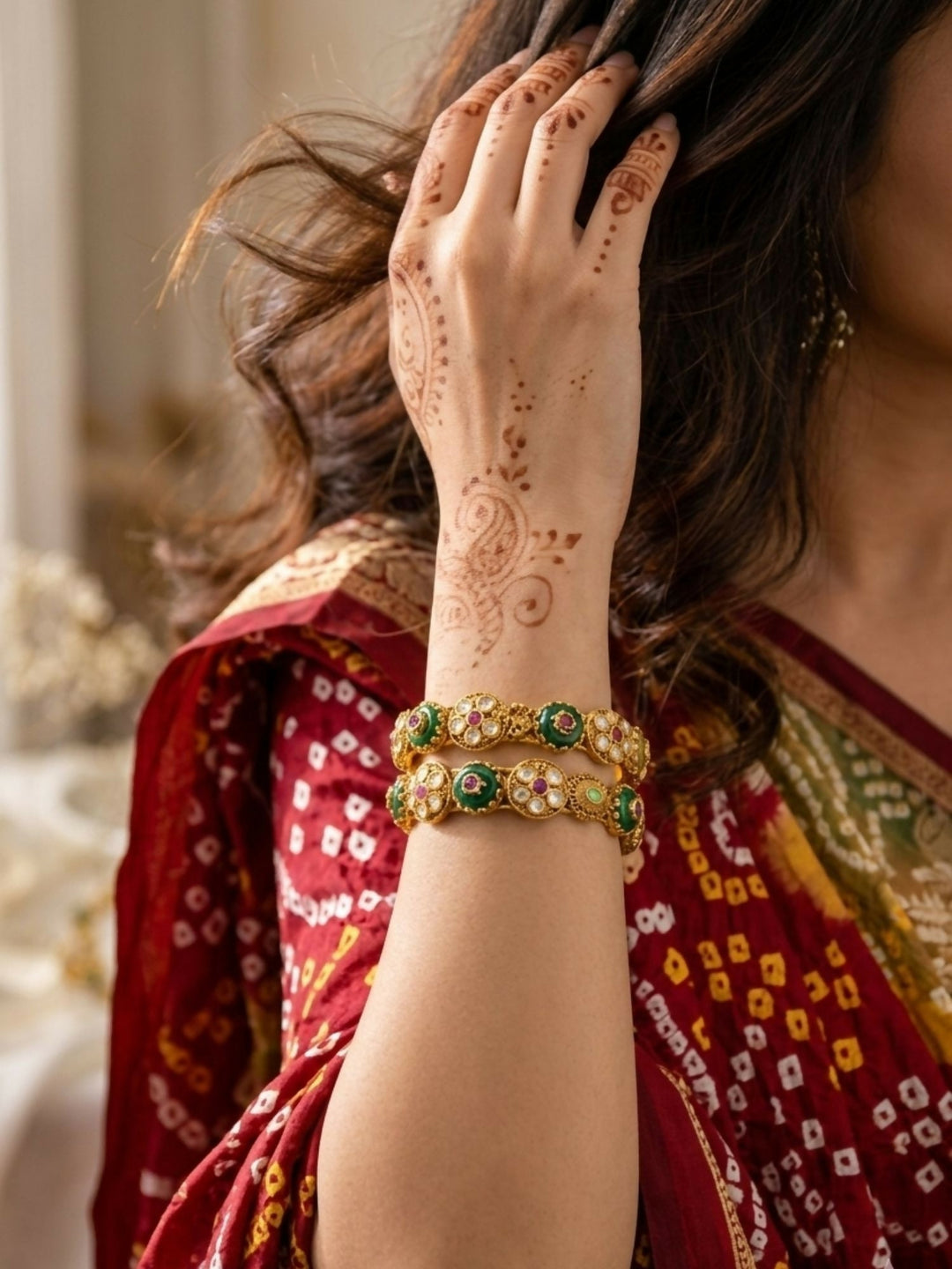 2.4' Antique Gold Plated Kundan Kada Bangles | SHOBITAM