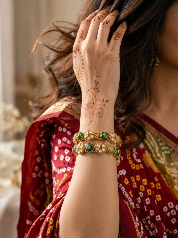 2.4' Antique Gold Plated Kundan Kada Bangles | SHOBITAM