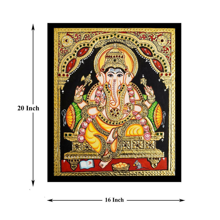 12x10" Ganesha Tanjore Painting, Authentic with 22 Ct Gold Foil and Jaipur Gemstones, Unframed | SHOBITAM