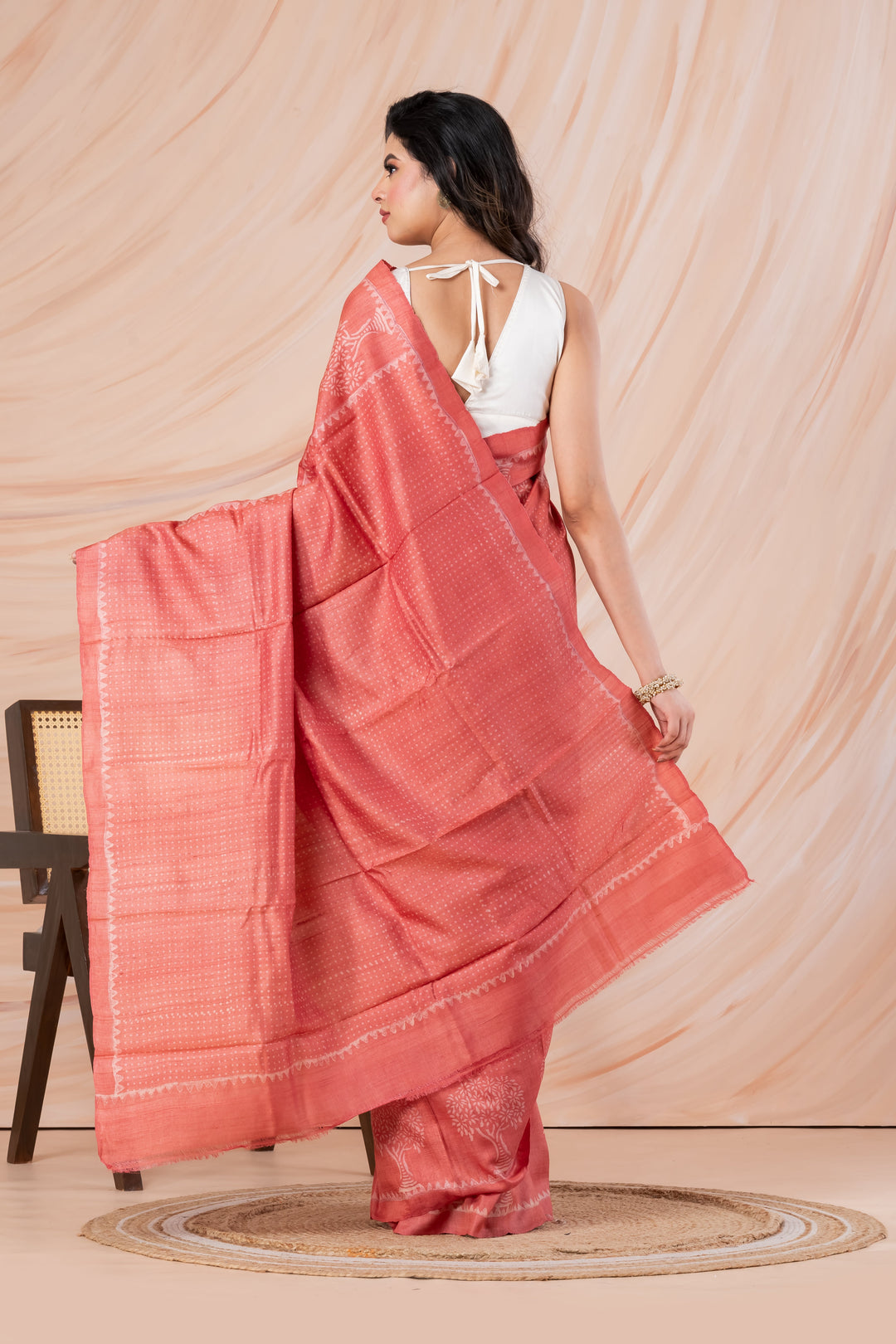 Peach pink tussar printed saree  | SILK MARK CERTIFIED | SHOBITAM