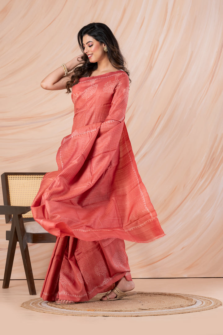 Peach pink tussar printed saree  | SILK MARK CERTIFIED | SHOBITAM