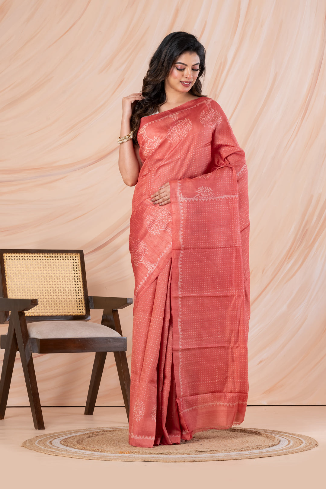 Peach pink tussar printed saree  | SILK MARK CERTIFIED | SHOBITAM