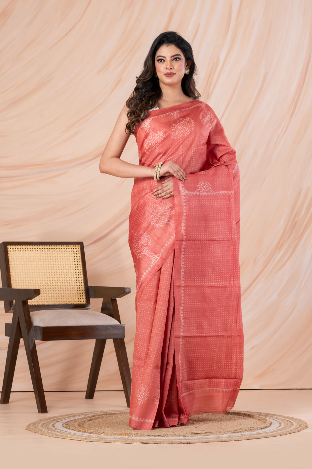 Peach pink tussar printed saree  | SILK MARK CERTIFIED | SHOBITAM