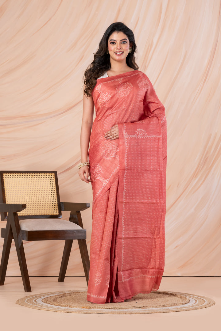 Peach pink tussar printed saree  | SILK MARK CERTIFIED | SHOBITAM