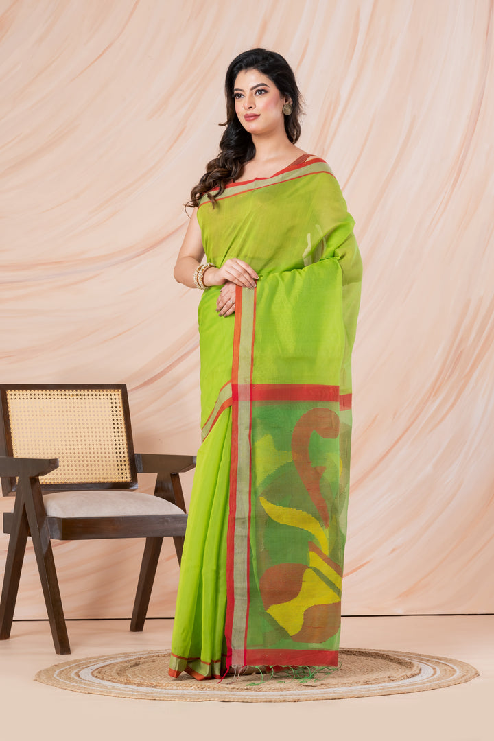 Parrot green handloom cotton-silk, jamdani pallu | SHOBITAM