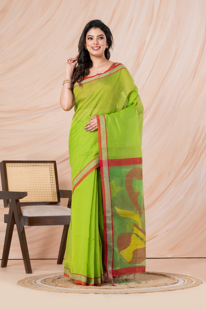 Parrot green handloom cotton-silk, jamdani pallu | SHOBITAM