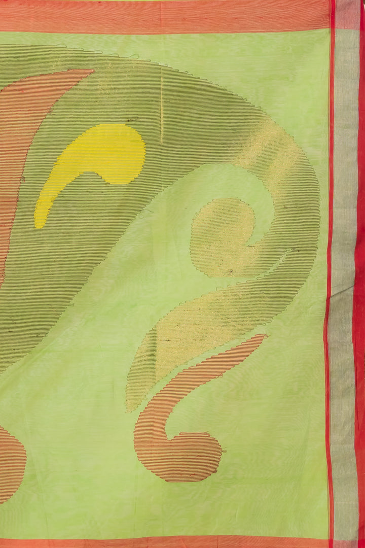 Parrot green handloom cotton-silk, jamdani pallu | SHOBITAM
