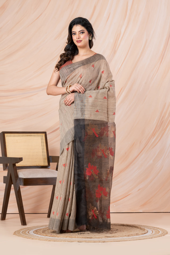 Handspun tussar saree with jamdani pallu. | SILK MARK CERTIFIED | SHOBITAM