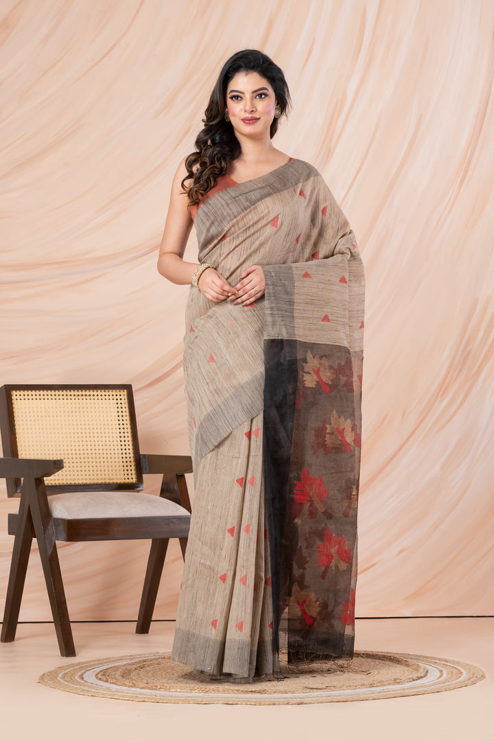 Handspun tussar saree with jamdani pallu. | SILK MARK CERTIFIED | SHOBITAM