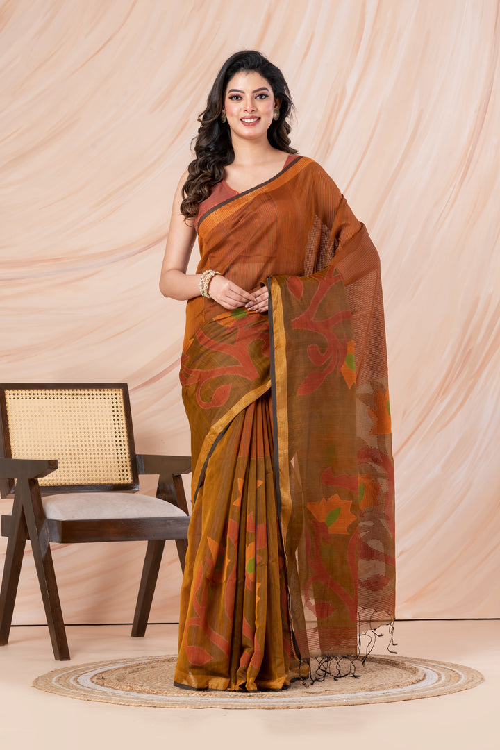 Handloom cotton-silk with jamdani woven border and pallu. | SHOBITAM