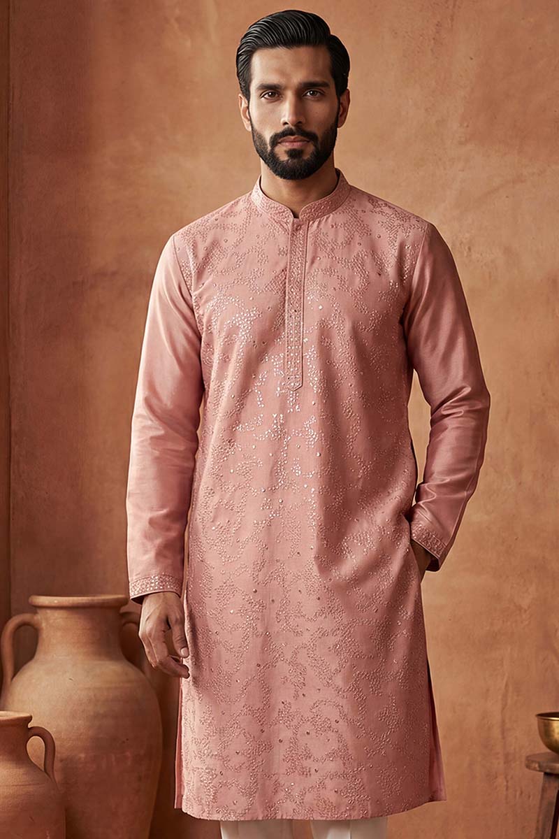 Silk Blend Peach Solid Embroidered Calf Length Straight Kurta | SHOBITAM