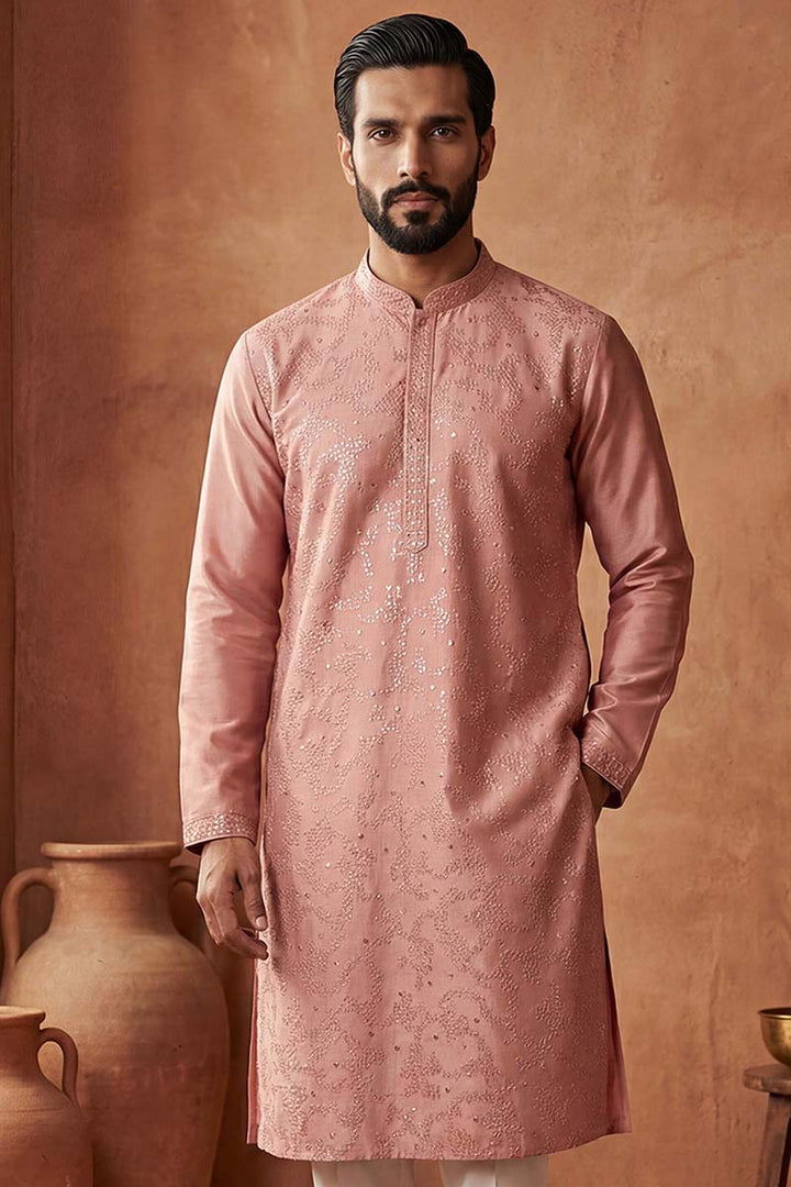 Silk Blend Peach Solid Embroidered Calf Length Straight Kurta | SHOBITAM