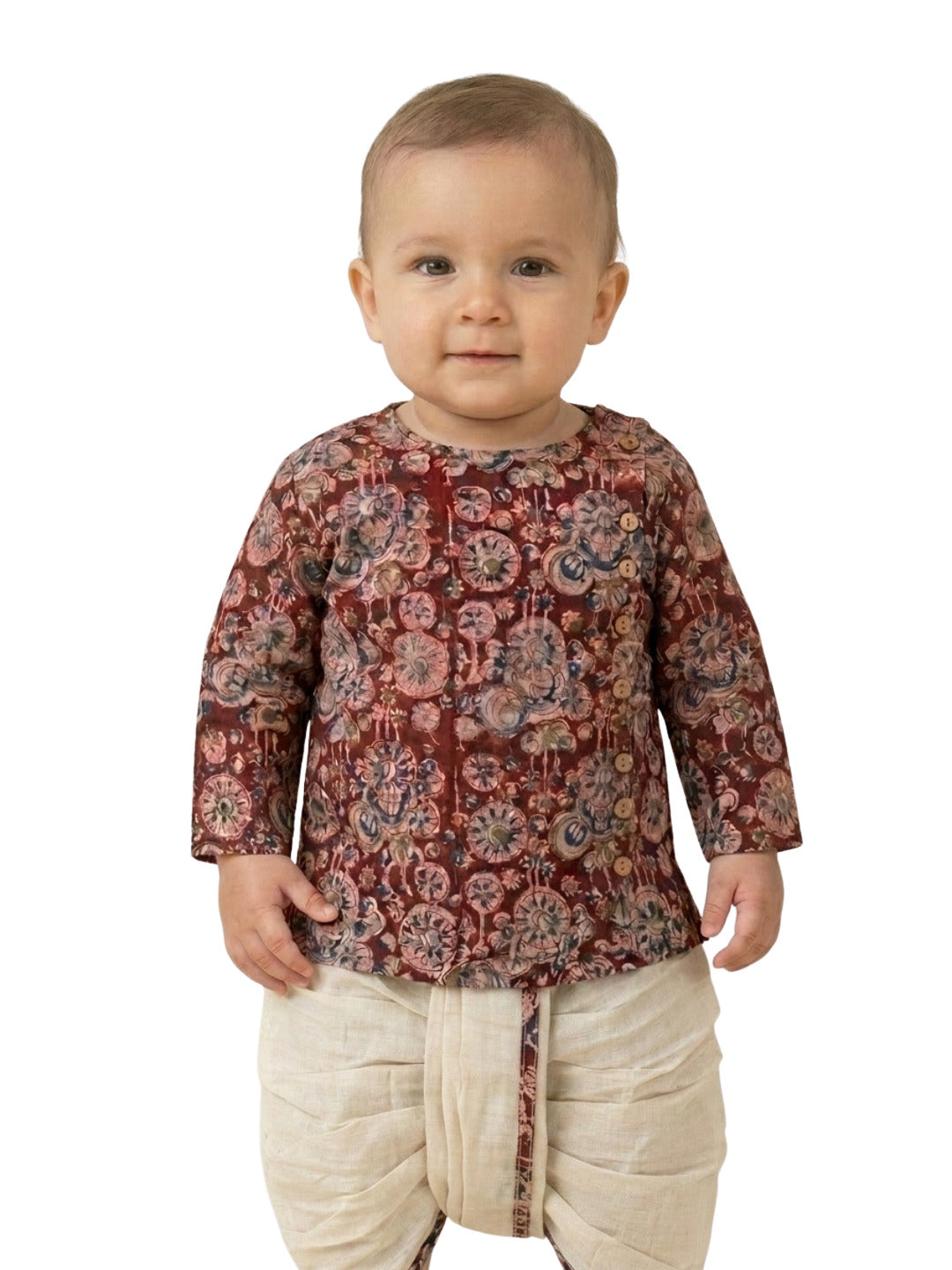 Boys Maroon Floral Printed Cotton Angrakha Style Dhoti Set | SHOBITAM