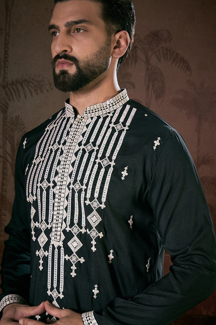 Black Silk Blend Solid Embroidered Straight Kurta For Men | SHOBITAM