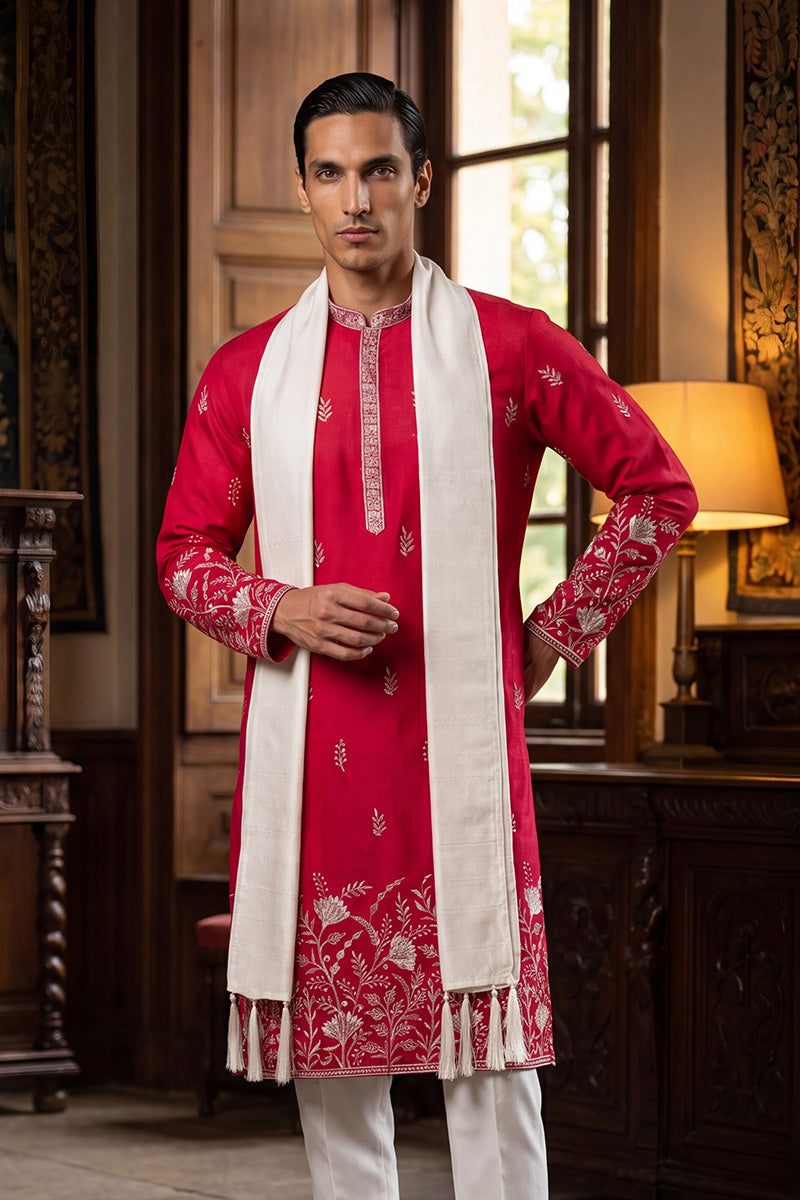 Men Pink Silk Blend Solid Embroidered Straight Kurta Trouser with Dupatta  | SHOBITAM