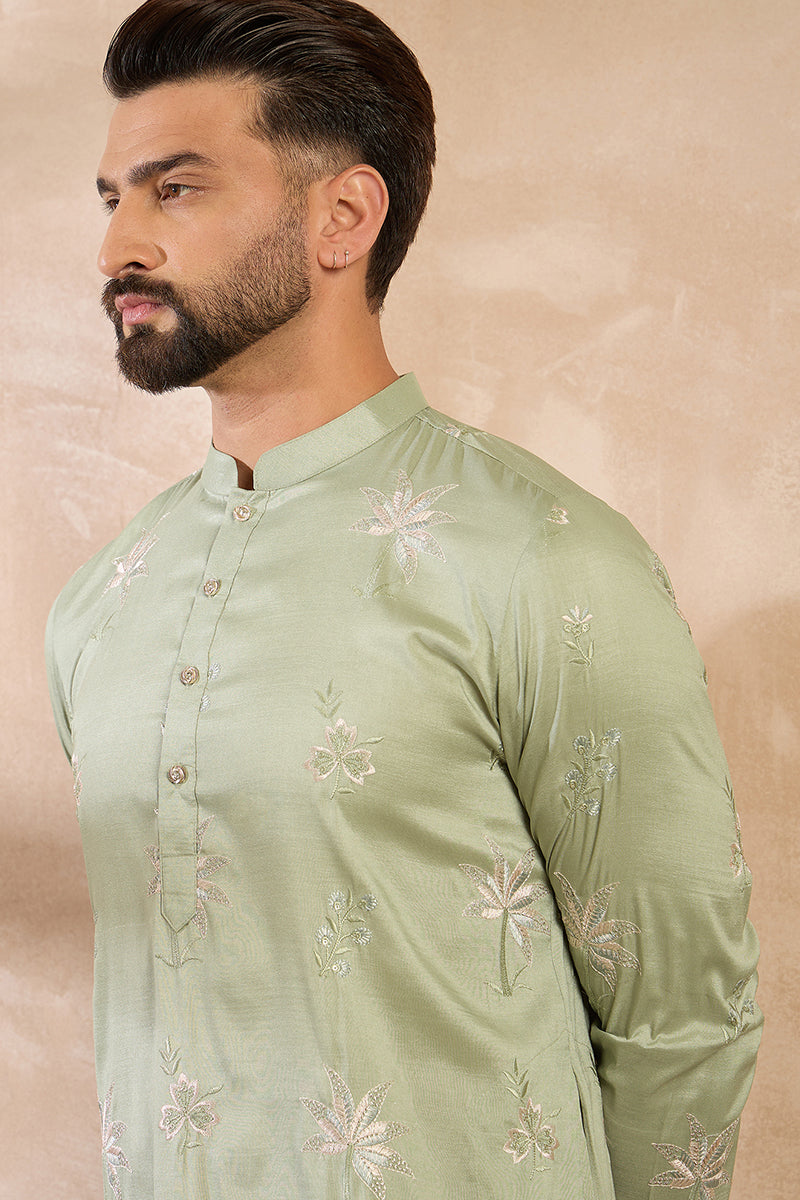 Olive Silk Blend Solid Embroidered Straight Kurta | SHOBITAM