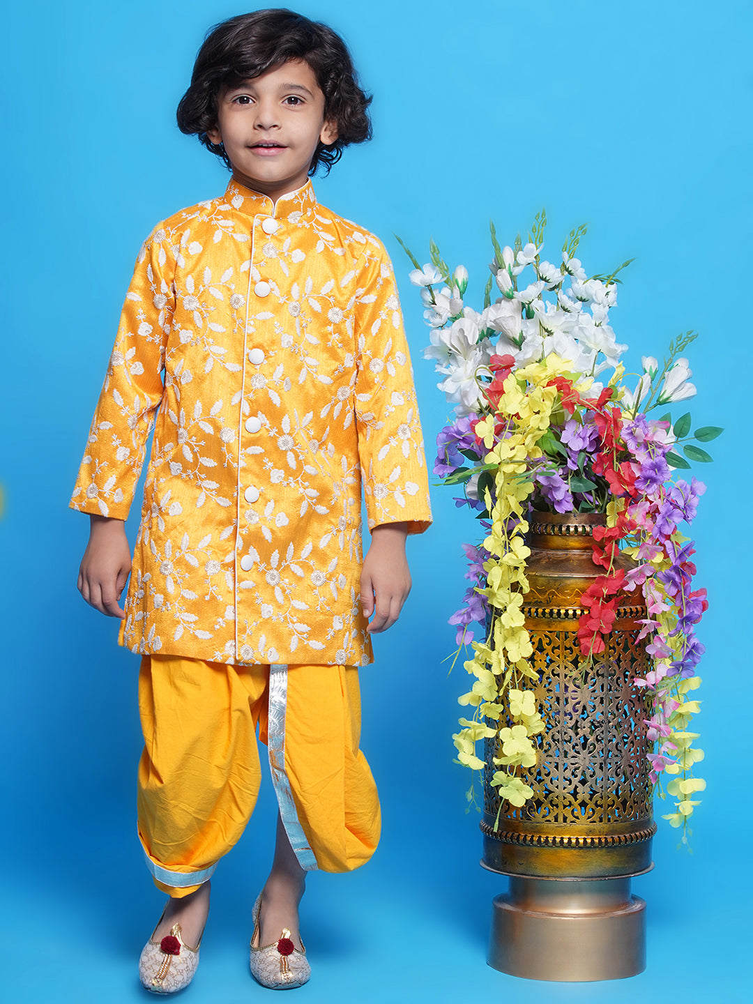 Mulberry Silk Full Sleeves Floral and Leaf Embroidery Sherwani with Dhoti - Yellow