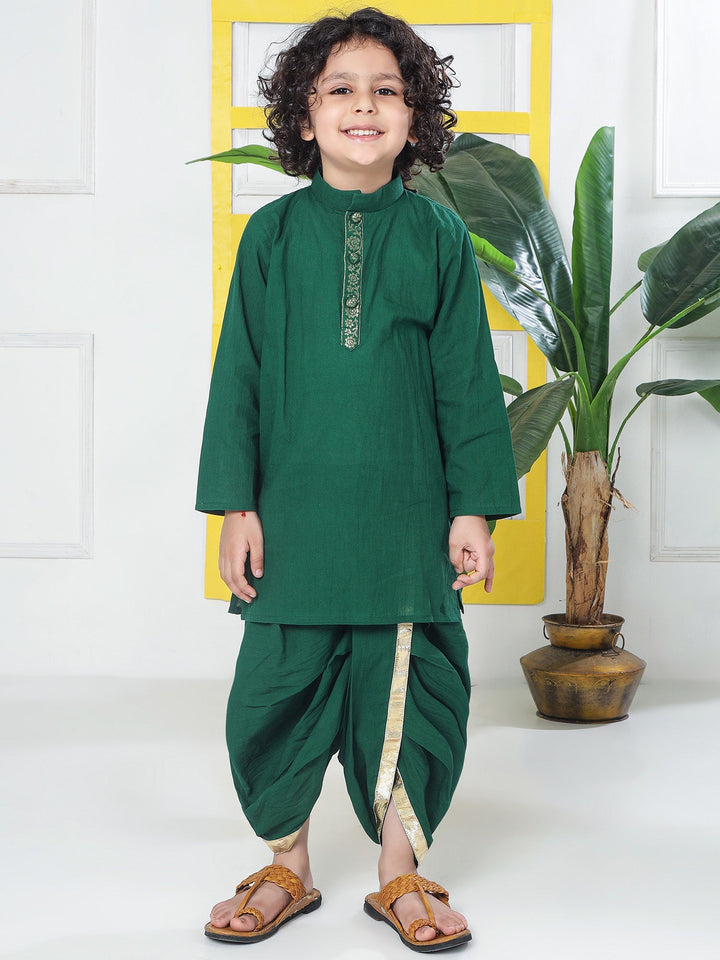 Green Minimal Zari Embroidery Cotton Kurta Dhoti set | SHOBITAM