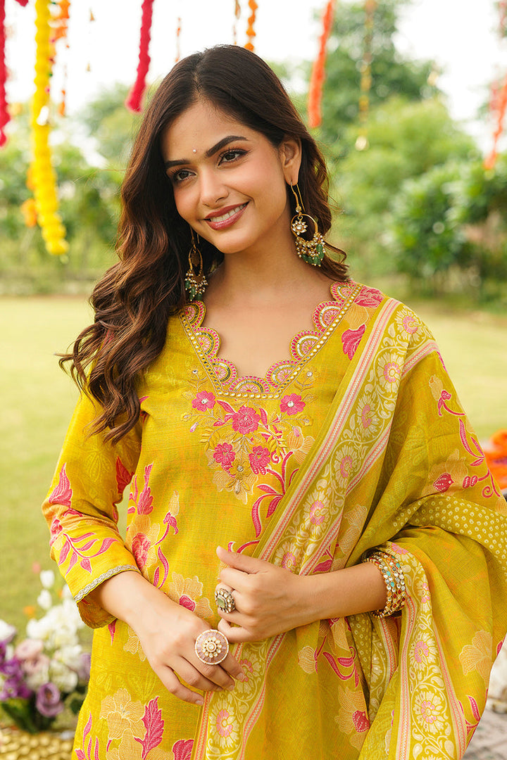 Yellow Viscose Rayon Floral Embroidered Straight Kurta Trousers With Dupatta | SHOBITAM