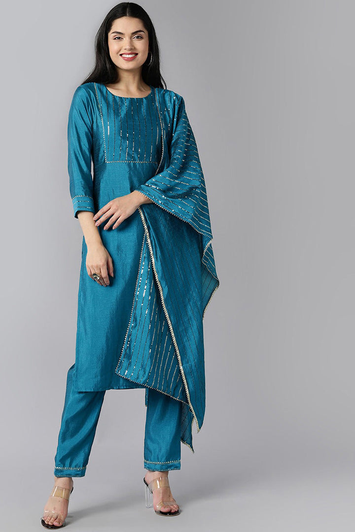 Blue Poly Chanderi Solid Straight Suit Set | SHOBITAM