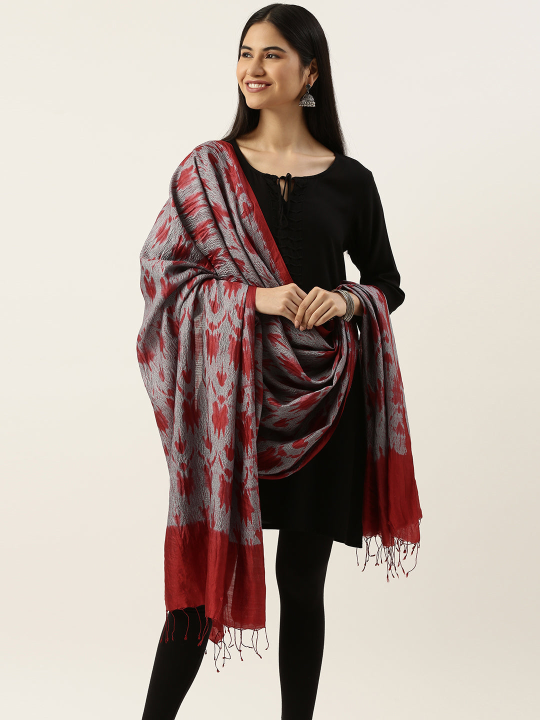 Grey Red Shibori Tussar by Spun Silk Dupatta | SHOBITAM