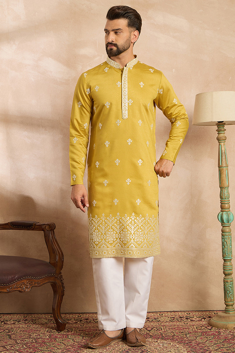 Yellow Polyester Solid Embroidered Straight Kurta With Trouser | SHOBITAM