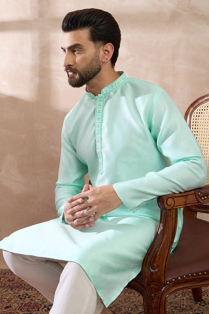 Teal Polyester Woven Design Mandarin Collar Straight Kurta For Men | SHOBITAM