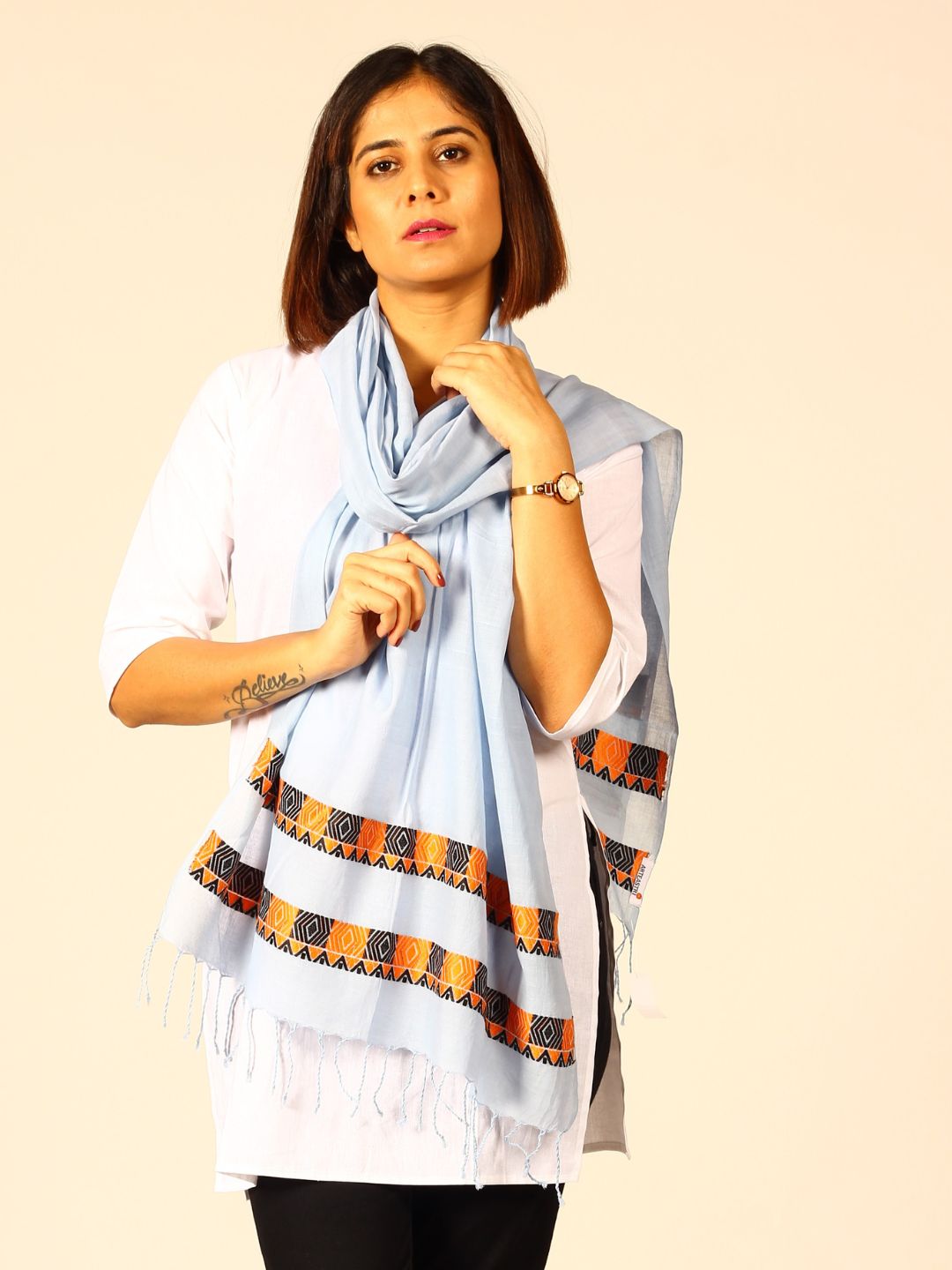 Powder Blue Assamese Cotton Stole | SHOBITAM