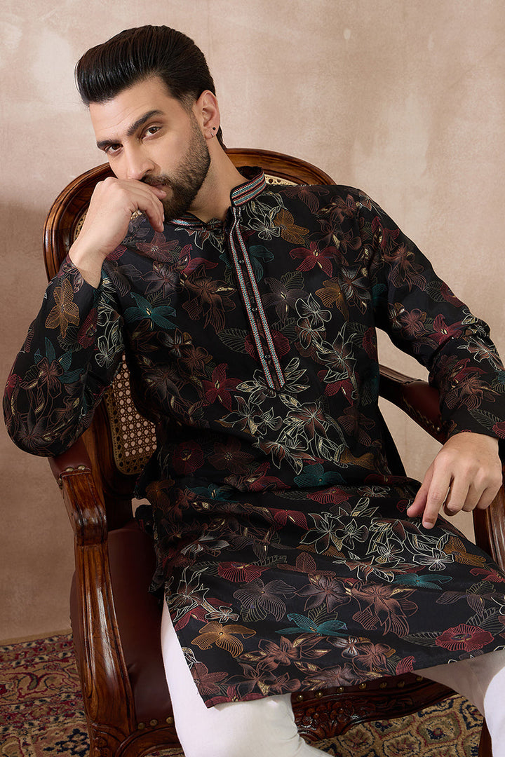 Black Silk Blend Printed Mandarin Collar Straight Kurta For Men | SHOBITAM