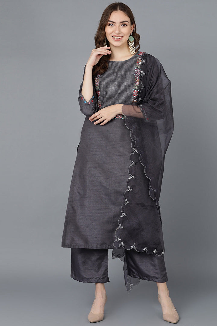 Women Charcoal Poly Silk Embroidered Kurta Trousers With Dupatta  | SHOBITAM