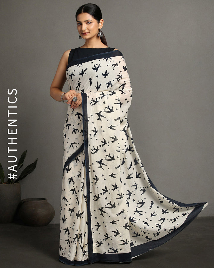 Cream Pure cotton Printed Saree with blouse piece