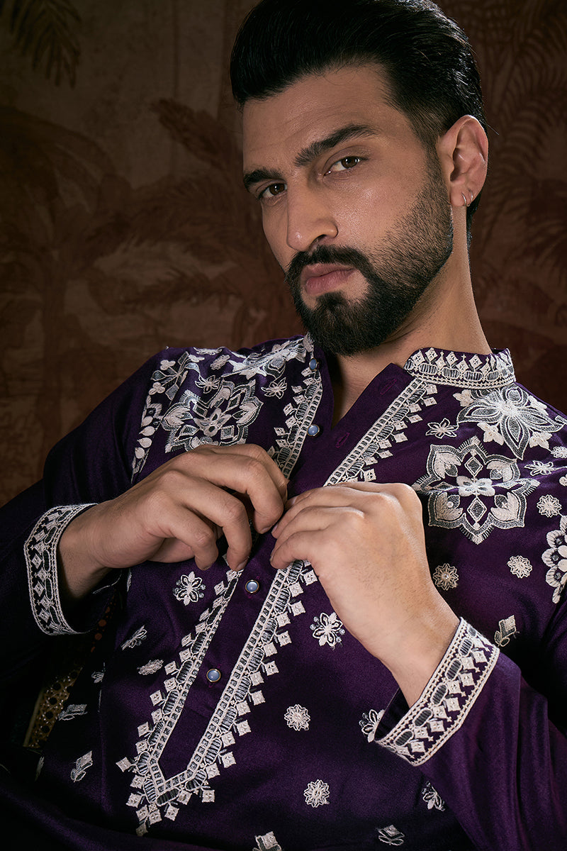 Purple Silk Blend Solid Embroidered Straight Kurta | SHOBITAM