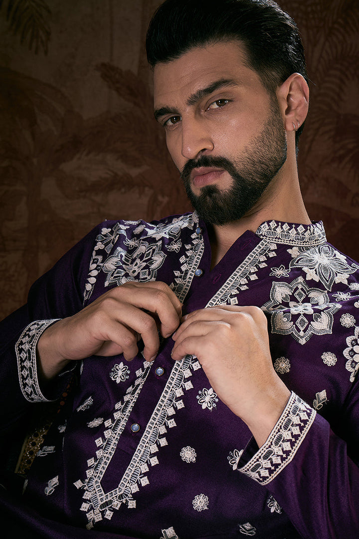 Purple Silk Blend Solid Embroidered Straight Kurta | SHOBITAM