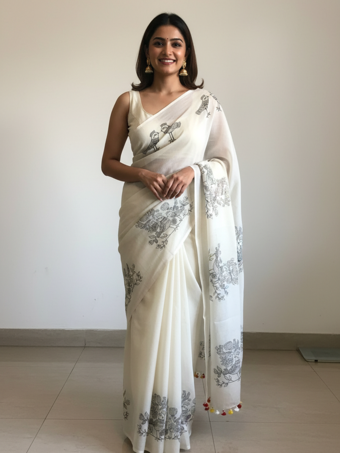 Handloom Cream Black Bird Print Saree | SHOBITAM
