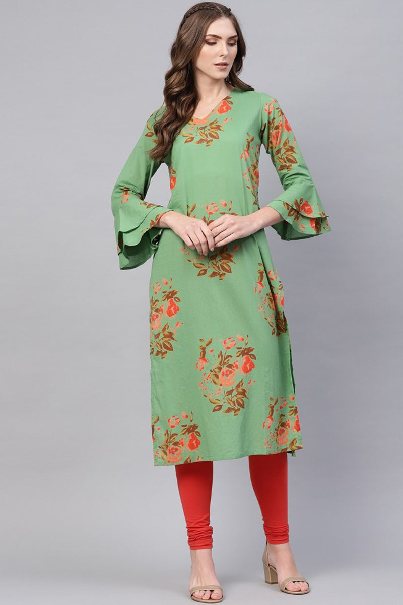 Regular Wear Cotton Fabric Printed Sea Green Color Simple Kurti | SHOBITAM