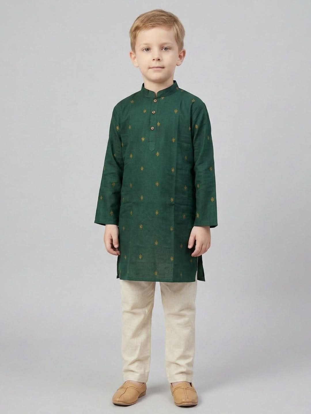 Boys Green Printed Mandarin Collar Cotton Kurta Set | SHOBITAM