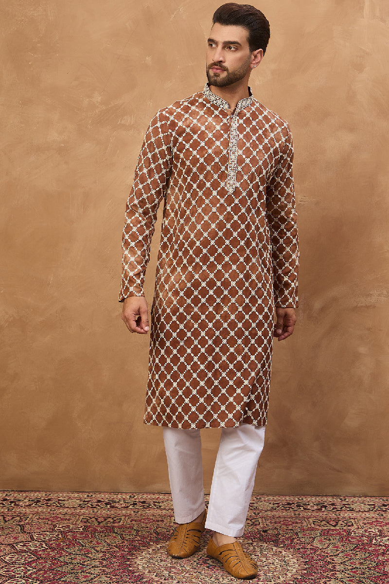 Brown Viscose Rayon Solid Embroidered Straight Kurta With Pant Set | Shobitam