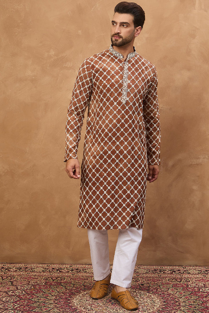 Brown Viscose Rayon Solid Embroidered Straight Kurta With Pant Set | Shobitam