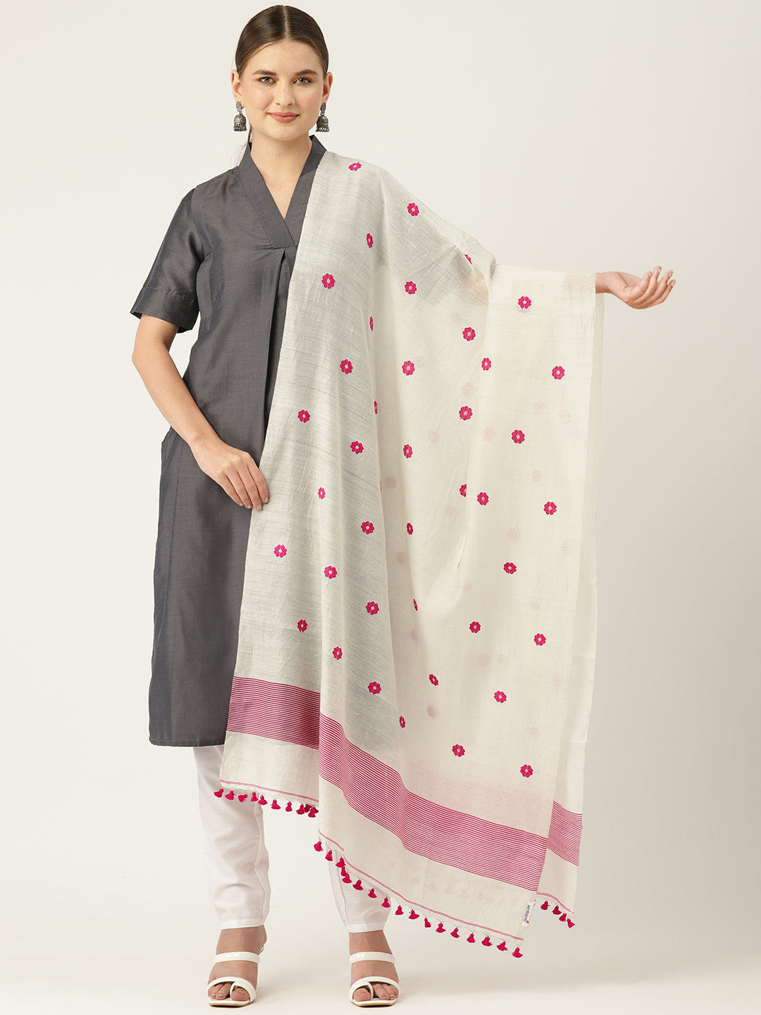 White & Pink Assamese Silk Cotton Handloom Dupatta | SHOBITAM