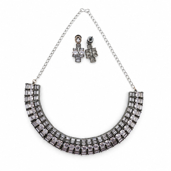 Silver & Gold CZ Baguette Collar Necklace Set with Geometric Drop Earrings | SHOBITAM