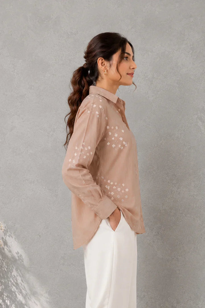 Beige Pure Cotton Embriodered Shirt | SHOBITAM