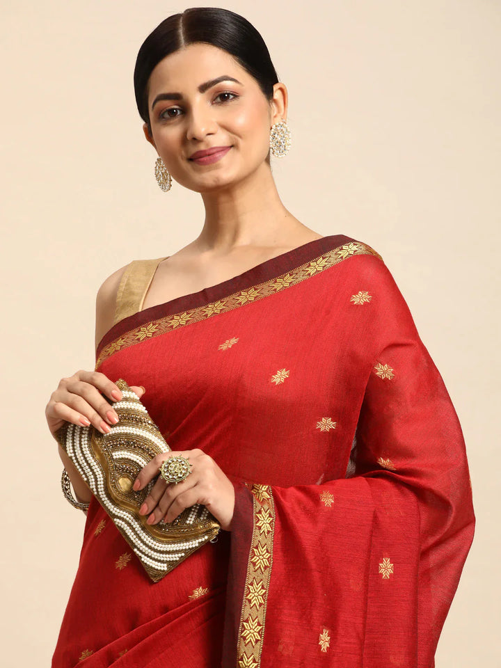Red Zari Buti Silk Cotton Saree with blouse piece