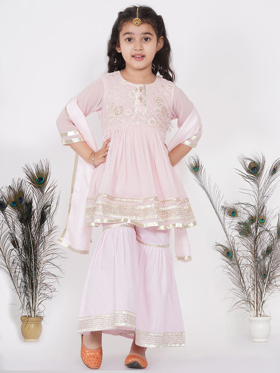Girls Gotta Patti work Kurta frock with Sharara and Dupatta - Baby Pink | SHOBITAM