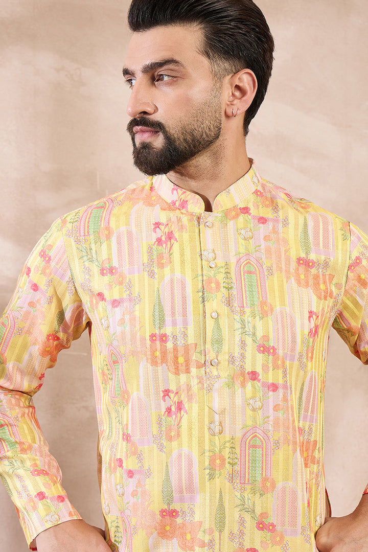Yellow Silk Blend Abstract Printed Straight Kurta With Trouser | SHOBITAM