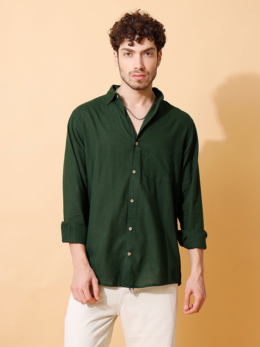 Men Handloom Cotton Solid Shirt in Dark Green