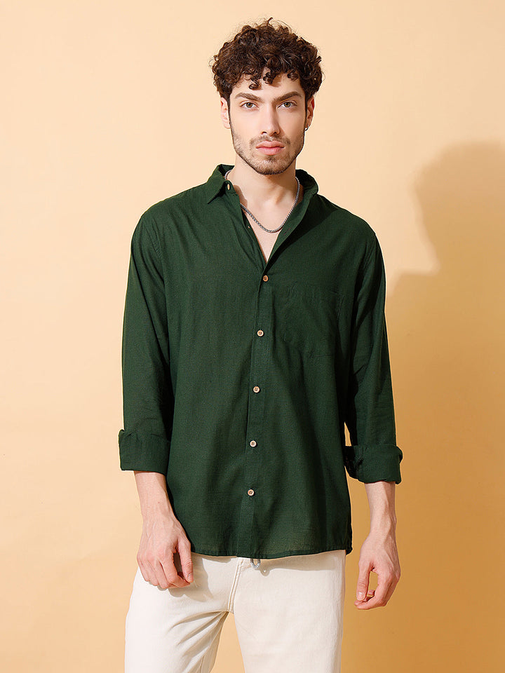Men Handloom Cotton Solid Shirt in Dark Green
