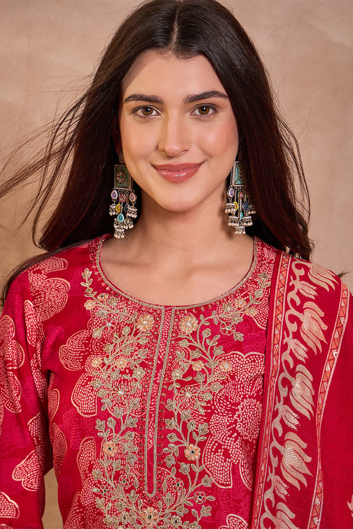 Pink Poly Silk Floral Printed Straight Kurta Trouser With Dupatta | SHOBITAM