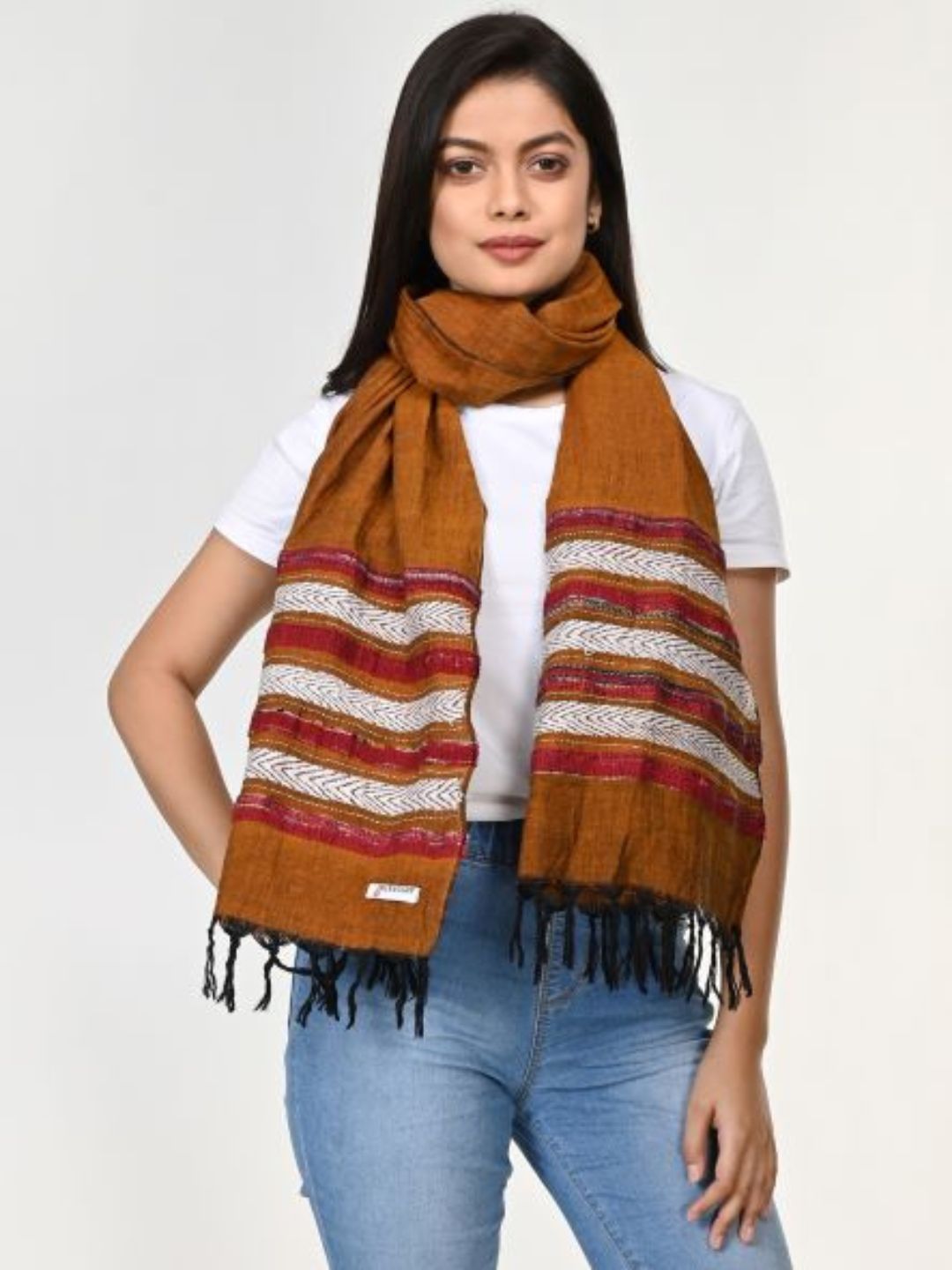 Brown Cream Khesh Kantha Cotton Stole | SHOBITAM