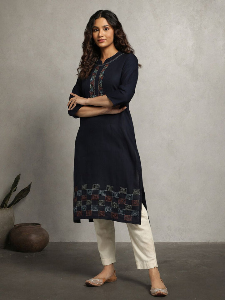Navy Kantha Cotton Kurta | SHOBITAM