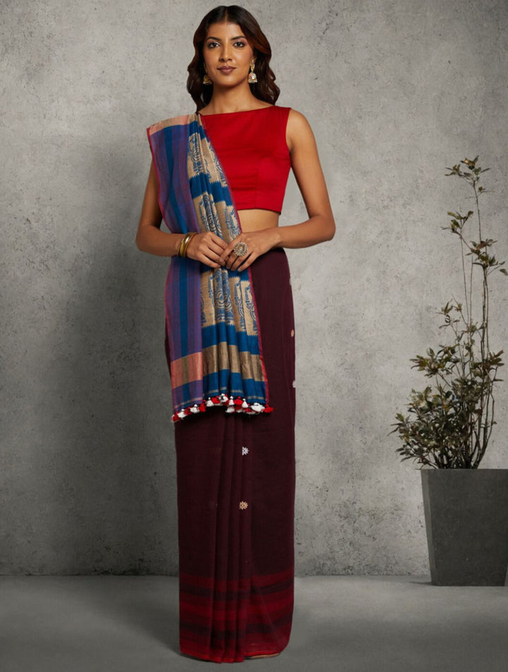MidNight Plum Handloom Cotton Baluchari Saree